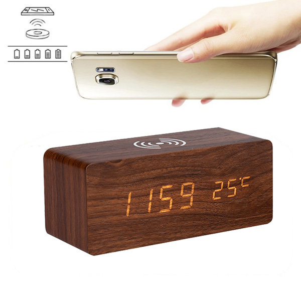 Millwood Pines Digital Electric Tabletop Clock with Alarm in Brown